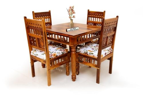 Image of Solid Sheesham Wood 4 Seater Dining Table Set for Home | Honey Finish Wooden Dining Set with Cushioned Chairs | 4 Chair Dining Table Set