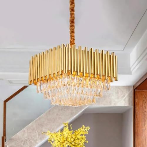 Image of TRIXY Chandeliers Lights for Ceiling Pure Gold Square Crystal Hanging Pendant Light Lamp | 3 Tier, K9 Crystal 400mm Jhoomar Fixture for Bedroom, Dining Room, Living Space Modern Home Lighting