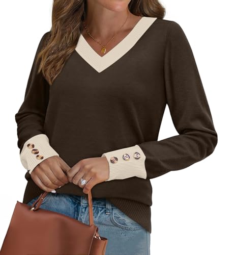 Image of WIHOLL Lightweight Sweaters for Women Long Sleeve V Neck Knit Outfits with Decorative Buttons
