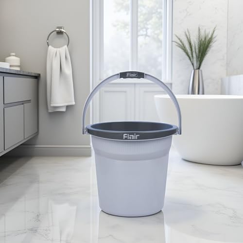 Image of FLAIR Estella 8L Set of 3 Plastic Bathroom Bucket, Grey | Durable Virgin Plastic Buckets with Easy-Grip Handle | Lightweight & Multipurpose for Mopping, Floor Cleaning, Kitchen and Daily Use