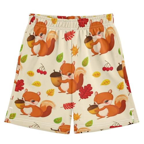 J JOYSAY Squirrel Acorn Leaves Beige Boys Athletic Shorts Kids Youth Casual Shotrs with Elastic Waistband Pockets