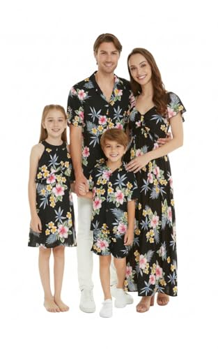 Image of Family Matching Hawaiian Clothes, Hibiscus Black | Black Hibiscus Print • Soft Rayon Fabric • Family Matching Outfits • Vacation Ready • Luau Party Wear