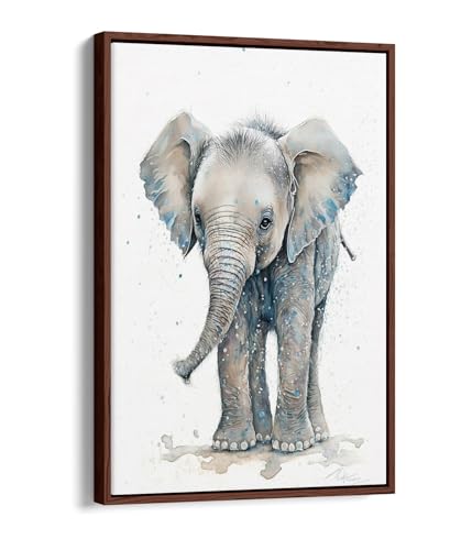 Éléphant impression sur toile pour chambre d'enfant avec son cadre en noyer élégant