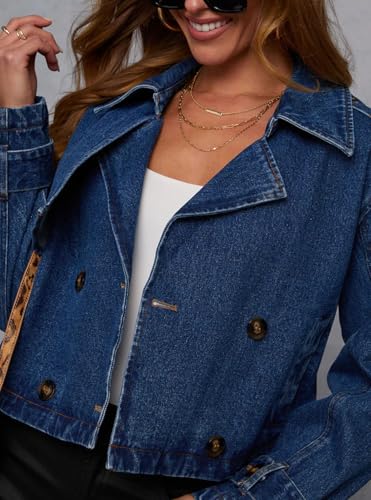 Womens Cropped Double Breasted Denim Trench Coat Vintage Notched Collar Work Office Crop Jean Jacket Belted Cuffs4