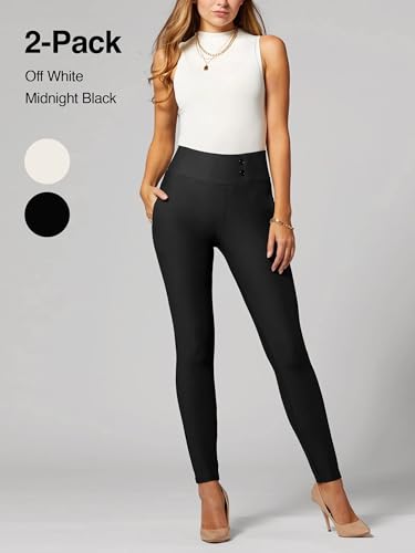 Conceited 2-Pack Stretch Slacks for Women - Wear to Work - Slim Leg Dress Pants with Pockets - White, Black - (Small)2