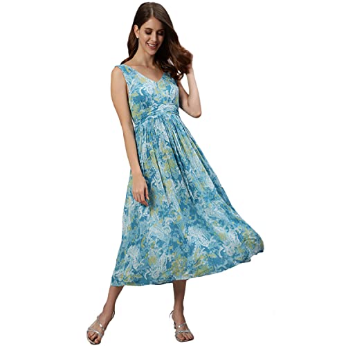Image of Ishin Women's Midi Georgette Printed Bohemian Blue Fit and Flare Dress