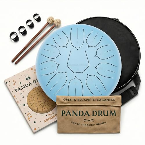 Panda Drum Plus (Blue) | Steel Tongue Handpan with Music Book, Mallets, Carrying Bag & Finger Picks | 11 inch, 432 Hz | Rain Drum for Inside & Outside | Calming Musical Instrument for Adults & Kids