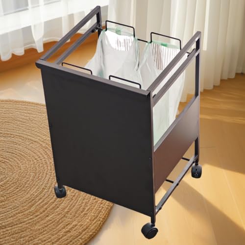 Secchuu 目隠し分別ダストワゴン 2分別 スチール製 ゴミ袋ホルダー W36XD35XH57cm ゴミ袋スタンド タワーゴミ箱 キャスター付き スタイリッシュ ダストボックス 手軽さ おしゃれ 組立商品 掃除しやすさ フタなしゴミ箱 (2分別 ブラック)