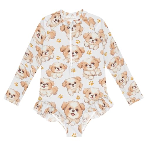 ALAZA Puppy Dog Footprint Girls One Piece Swimsuit Long Sleeve Rash Guard Swimsuits UV 50+ Swimwear Zipper