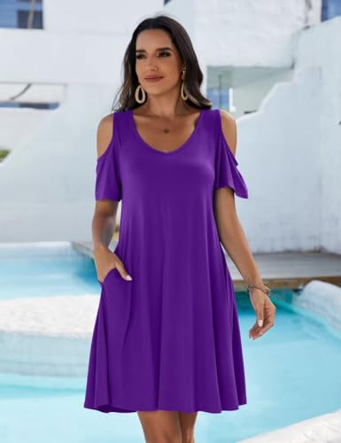 Image of JollieLovin Womens Plus Size Short Sleeve Cold Shoulder V Neck T-Shirt Dress with Pockets