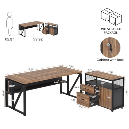 Tribesigns 63" L Shaped Desk with Drawer Cabinet, Executive Computer Desk and lateral File Cabinet, 2 Piece Home Office Furniture with Drawers for Hanging File, Doors with Locks (Brown, 63 inches)