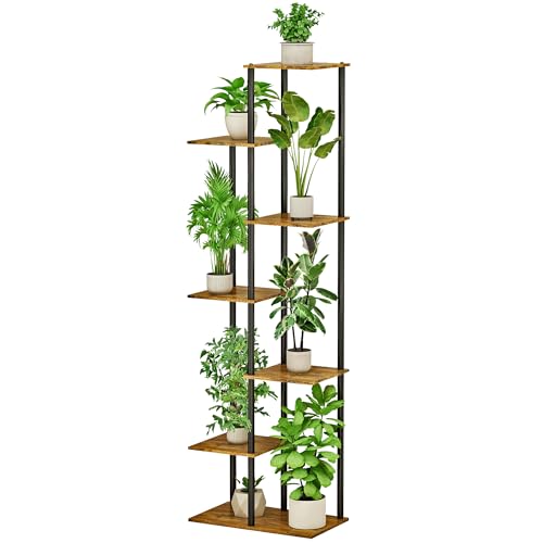 JEPRECO Plant Stand Indoor 7 Tier 8 Potted Metal Wood Plant Shelf, Multiple Flower Pots Corner Tall Plant Holder Stands for Living Room Balcony Bedroom, Rustic Brown