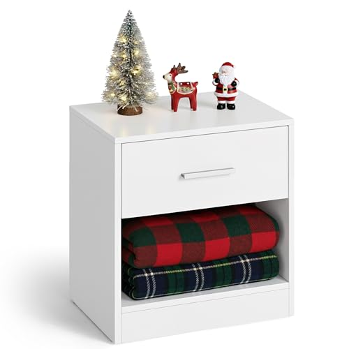 VASAGLE Nachttisch, Beistelltisch, mit Schublade, Griff, offenes Fach, Couchtisch, für Schlafzimmer, Wohnzimmer, klassikweiß LET619T14