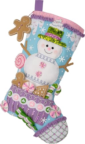 Image of Bucilla Felt Applique 18 inch Stocking Making Kit, Snowman's Candy Confections, Perfect for DIY Arts and Crafts, 89729E