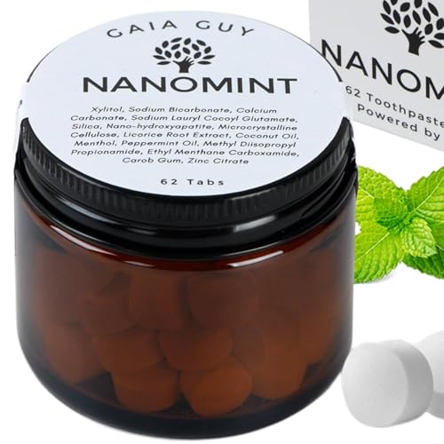 Gaia Guy | NanoMint Fluoride Free Toothpaste | Nano Hydroxyapatite Remineralizing Toothpaste Tablets - Nano Hydroxyapatite (nHA), Plastic Free, Eco-Friendly Glass Jar | 62 Tabs