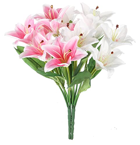 Artificial Lilies Flowers 2 Bouquets Fake Silk Full Bloom Lily For Wedding Party Decoration,White #TOP4