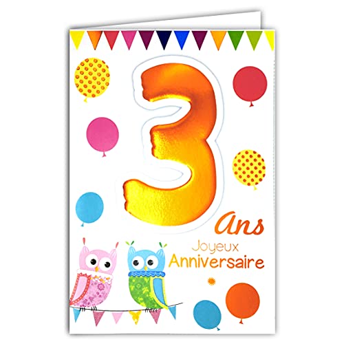 Age mv 69-2003 carte joyeux anniversaire 3 ans enfant garçon fille motif chouettes hiboux oiseaux ballons fanions