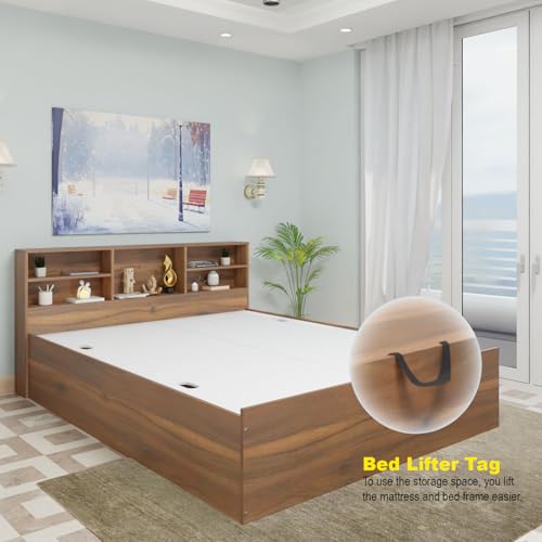 Image of VIKI Hydraulic Shelf King Size Bed with Storage (70x80) | Engineered Wood Hydraulic Lift Bed Frame | Wooden Storage Cot for Bedroom | Brussel Walnut | Free Assembly | 1 Year Warranty