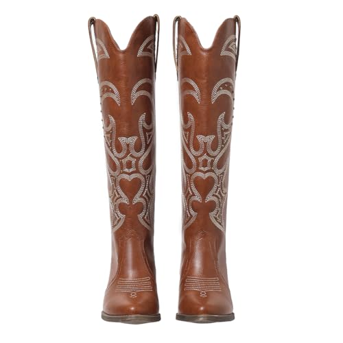 SelRoys Cowboy Boots for Women Cowgirl Knee High Wide Calf with Embroidered Chunky Heel Pull-on Western Tall Boots4