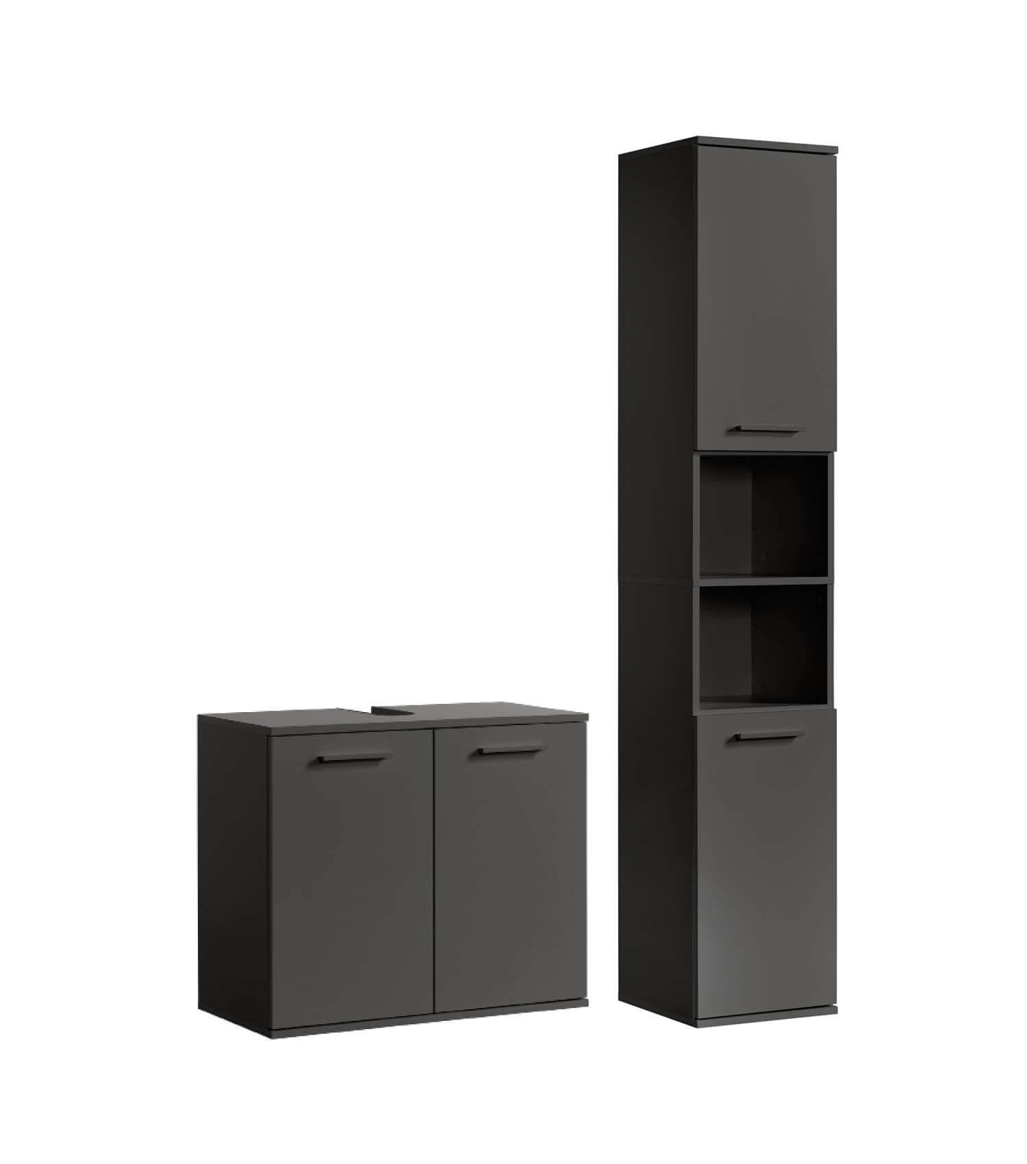 mokebo Badmöbel Set 'Der Steuermann' (2-teilig) Made in Germany, Badezimmer Set aus Holz in Anthrazit-Schwarz, Komplettset mit Waschbeckenunterschrank & Hochschrank, Badmöbel Garnitur