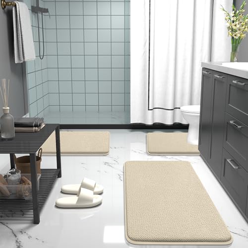 Image of OLANLY Thick Memory Foam Bathroom Runner Rugs 47x24, Extra Soft Absorbent Long Bath Rug, Quick Dry Bath Mats, Non-Slip, Machine Washable Mat for Bathroom, Tub and Shower, Home Decor Accessories, Sand