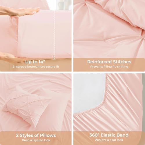 Image of Sasttie Full Size Comforter Set, 7-Piece Bed in a Bag, Pintuck Bedding Set for All Season, Includes Comforter, Flat Sheet, Fitted Sheet, Pillowcases and Pillowshams, Blush Pink