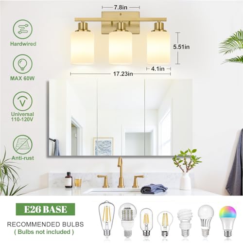 Image of MOKATNG 3-Light Bathroom Light Fixtures, Brushed Gold Vanity Light with Milky White Shades, Bathroom Lighting Fixtures Over Mirror, Modern Bathroom Wall Lamp for Mirror Living Room Cabinet Bedroom