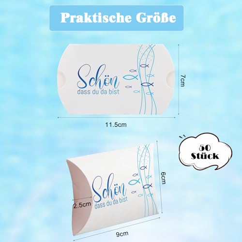 50 kleine Geschenkboxen „Schön, dass du da bist“ – Kraftpapier-Geschenkverpackungen (210 g/m²) für Taufe, Kommunion, Hochzeit & kleine Aufmerksamkeiten – 9x6x2,5 cm (Blau)
