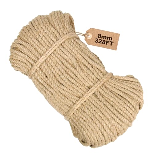 Jute Twine String - 328ft 8mm Eco-Friendly Heavy-Duty Rope for Crafts,Construction & Packaging | Natural Fiber Cord for Garden Tying,Bundling & DIY Decor