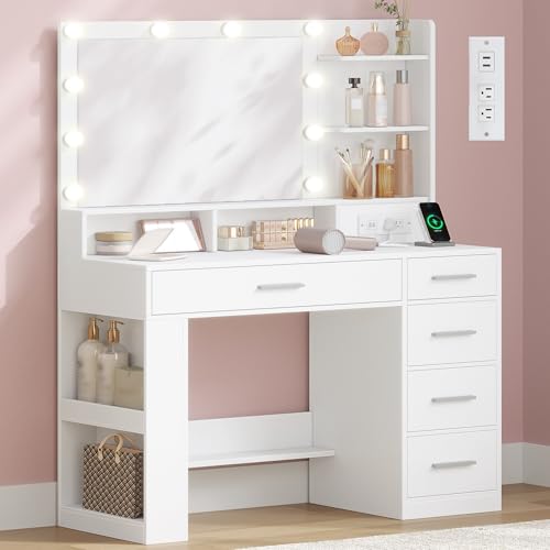 HILINSIE Vanity Desk with Large HD Mirror, Makeup Vanity with Led Lights, Dressing Table with Power...