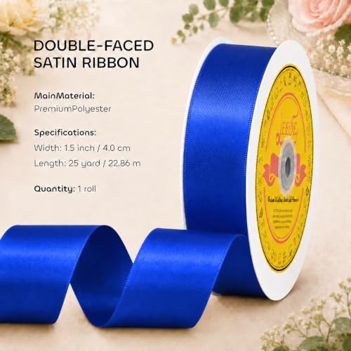 Image of Double Face Cobalt Blue Satin Ribbon 1-1 /2 inch X 25 Yards Polyester Cobalt Blue Ribbon for Gift Wrapping Very Suitable for Weddings Party Hair Bow Invitation Decorations and More