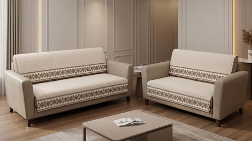 Image of Beige Velvet Sofa Mat, 3+2 Set | Full Cover for Seat & Back, Anti-Skid, Machine Washable