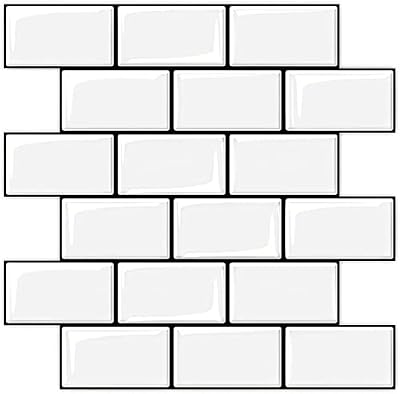 LONGKING Premium Thicker Design Peel and Stick Tile for Kitchen Backsplash, White/Black Grout (10-Sheet)