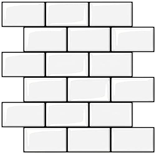LONGKING Peel and Stick Backsplash Tile Shelf-Adhesive Wall Stickers (10 Sheets) White Subway Tile with Grey Grout 