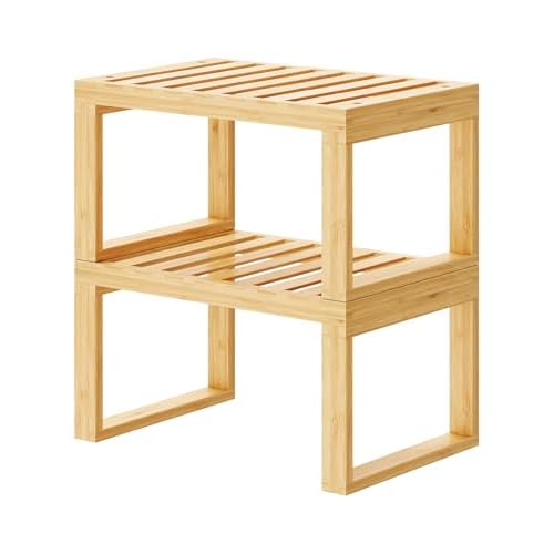 Tomorotec Bamboo Cabinet Organizer Shelf, 2 Pack Stackable Kitchen Counter | Slatted Drainage Top Prevents Water Buildup For Wet Dishes and Bathroom Use Eco Friendly Material Easy Assembly