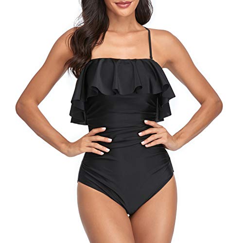Smismivo Womens Ruffle One Piece Tummy Control Strapless Swimsuits Bandeau Ruched Bathing Suits Teen Flounce Swimwear Black #TOP1