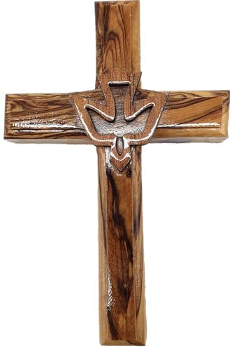 Zuluf Pingente de parede com cruz de pomba de madeira de oliveira de 12 cm, presente religioso crist...