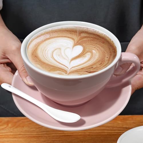 DeeCoo 8oz White Cappuccino Mug- Large Ceramic Coffee Cup with Saucer - Microwave and Dishwasher Safe, Perfect For Tea, Espresso, Latte - Porcelain Set for Kitchen or Cafe, Baristas, Great Gift