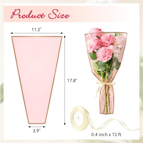Mauproy 50 Pack Pink Flower Bags for Bouquets, 17.8 x 11.2 Inches Plastic Flower Sleeves Clear Front Floral Wraps with Ribbons for Graduation Florist Packaging Supplies by Mauproy - Image 2