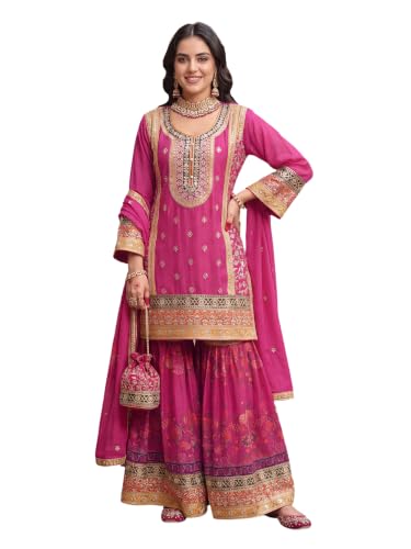 Image of INDO ERA Women's Chinon Floral Embroidered Sequins Work Straight Kurta & Sharara with Dupatta Set | Sharara Set For Women