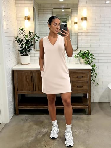 Image of ODODOS Modal Soft V-Neck Tank Dress for Women Sleeveless Sundress Casual Relaxed Summer Dress with Pocket