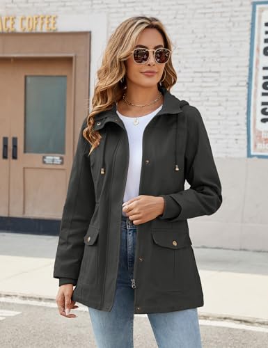 Vancavoo Übergangsjacke Damen Jacke Outdoor Kurzmantel Frühjahr Elegant Frühjahrsjacke Leichte Gefütterte Winterjacke Baumwolle Parka mit Kapuze mit Kordelzug für Frühling Sommer Herbst,Grau,M
