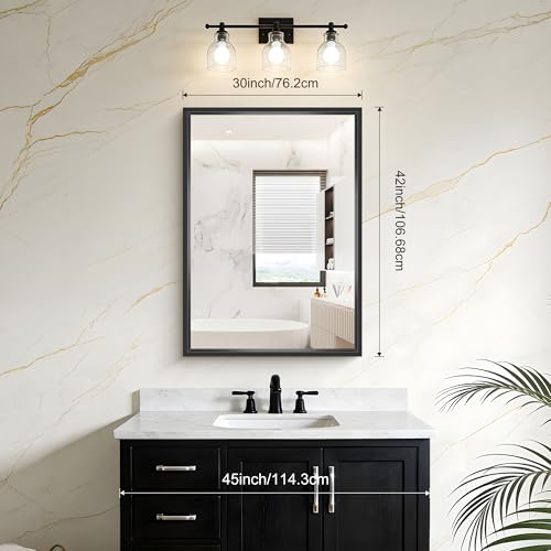 Image of Bathroom Mirror, 42 x 30 Inch Brushed Black Rectangle Mirror, 0.6 inch Thickened Deep Frame Vanity Mirrors for Bathroom Sink, Shatterproof Tempered Glass, Antirust, Horizontally or Vertically