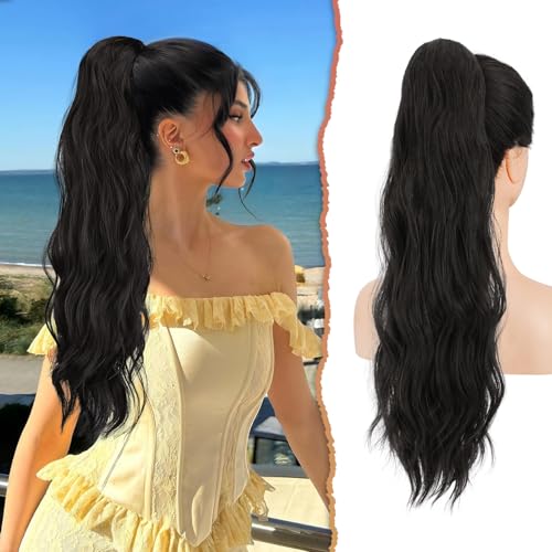 Sofeiyan Coda di Cavallo Extension, 56 cm Lunga Ondulata Ricci Posticci Sintetici Capelli Con Coulisse per Donna, Nero Naturale
