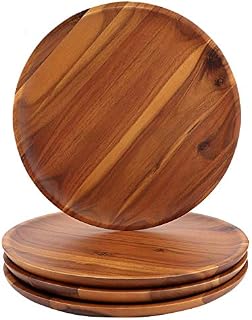Acacia Wood Dinner Plates, AIDEA 8 Inch Round Wood Plates Set of 4