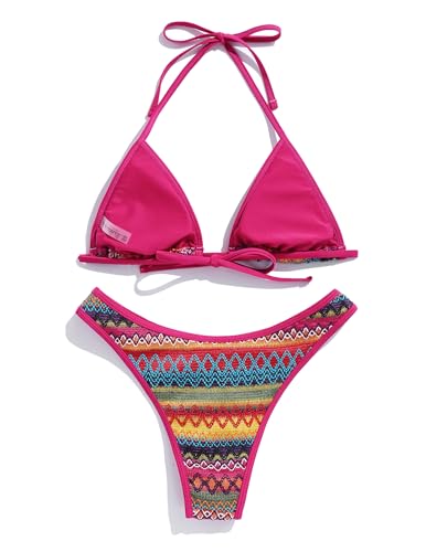 Image of seamoly Women's Bikini Sets Halter Neck Crochet Colorblock Two Piece Swimsuits Open Back Sexy High Cut Thong Bathing Suit