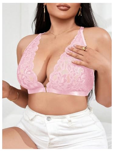 Image of MakeMeChic Women's Plus Size Lace Bralette Front Closure Bras Wireless Deep V Triangle Sexy Lace Bra