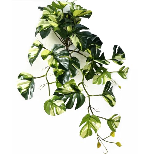 Artificial Monstera Plants, Fake Tropical Palm Small Potted Faux Hanging Greenery Mini Plants for Indoor Outdoor Home Office Garden Houseplants Pot Decor Wedding Party Decorations - Oil Painting Green