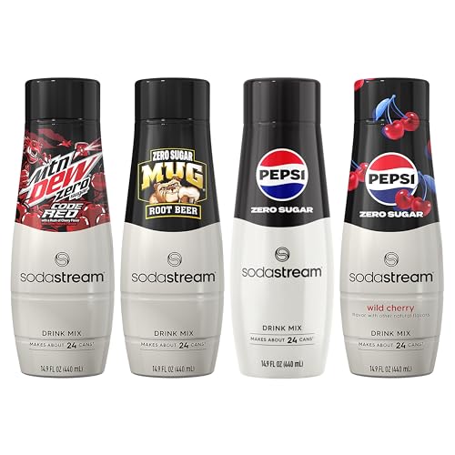 SodaStream Pepsi Wild Cherry, MTN Dew Code Red, Pepsi &amp; Mug Root Variety Pack, Zero Sugar, 440ml Pack of 4
