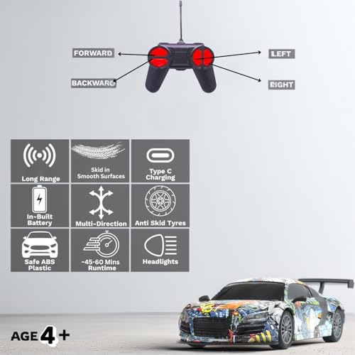 Image of Remote Control Car for Kids |Rechargeable High Speed RC Car with Lithium Battery |Type-C Charging |LED Headlights |Multicolor Graffiti